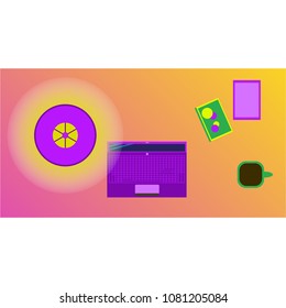 Workplace Desk computer plant coffee Top Angle View Flat Vector Illustration