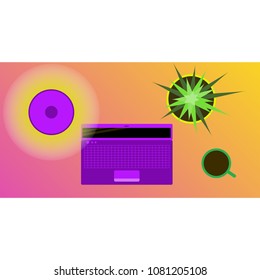 Workplace Desk computer plant coffee Top Angle View Flat Vector Illustration
