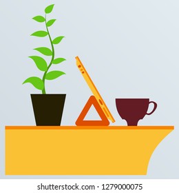 Workplace Desk computer plant coffee Top Angle View Flat Vector Illustration