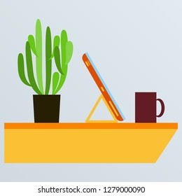 Workplace Desk computer plant coffee Top Angle View Flat Vector Illustration