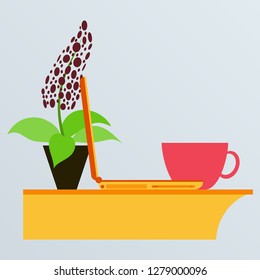 Workplace Desk computer plant coffee Top Angle View Flat Vector Illustration