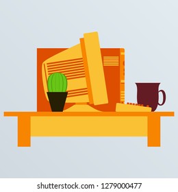 Workplace Desk computer plant coffee Top Angle View Flat Vector Illustration