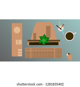 Workplace Desk computer plant coffee Top Angle View Flat Vector Illustration