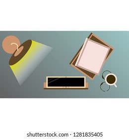 Workplace Desk computer plant coffee Top Angle View Flat Vector Illustration