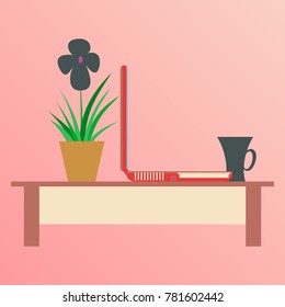 Workplace Desk computer plant coffee Top Angle View Flat Vector Illustration