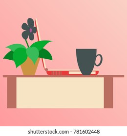 Workplace Desk computer plant coffee Top Angle View Flat Vector Illustration
