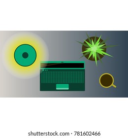 Workplace Desk computer plant coffee Top Angle View Flat Vector Illustration