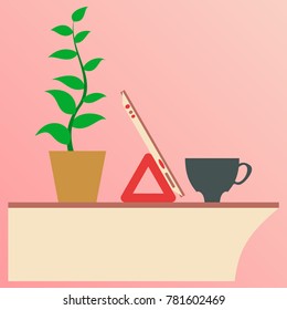 Workplace Desk computer plant coffee Top Angle View Flat Vector Illustration