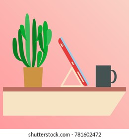 Workplace Desk computer plant coffee Top Angle View Flat Vector Illustration