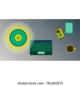 Workplace Desk computer plant coffee Top Angle View Flat Vector Illustration