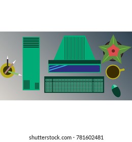 Workplace Desk computer plant coffee Top Angle View Flat Vector Illustration