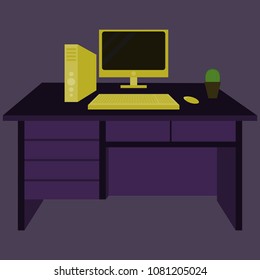 Workplace Desk computer plant Top Angle View Flat Vector Illustration
