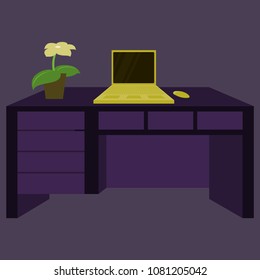 Workplace Desk computer plant Top Angle View Flat Vector Illustration