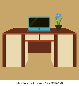 Workplace Desk computer plant Top Angle View Flat Vector Illustration