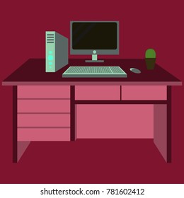 Workplace Desk computer plant Top Angle View Flat Vector Illustration