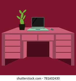 Workplace Desk computer plant Top Angle View Flat Vector Illustration