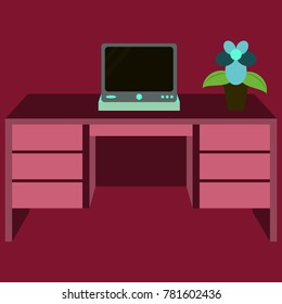 Workplace Desk computer plant Top Angle View Flat Vector Illustration