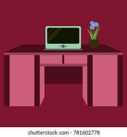 Workplace Desk computer plant Top Angle View Flat Vector Illustration