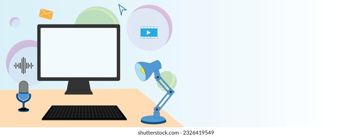 Workplace desk with computer screen and reading light, online education, interior design, modern home office, work from home, workspace management, multimedia studio, flat vector illustration
