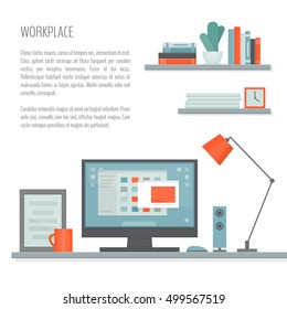 Workplace with desk, computer, shelves and equipment. Workspace. Home office. Work room modern interior. Flat design style, vector illustration. 