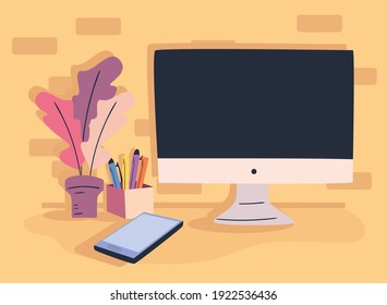 workplace desk with computer and smartphone design, work office and telecommuting theme Vector illustration