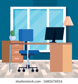 workplace with desk and computer vector illustration design