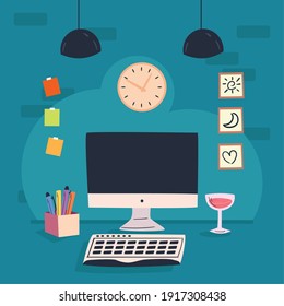 escritorio del lugar de trabajo con diseño de taza de vino y ordenador, oficina de trabajo y teletrabajo Tema Vector ilustración