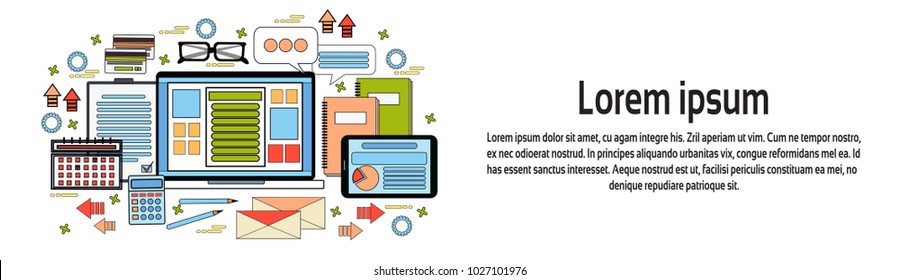 Concepto De Escritorio En El Lugar De Trabajo, Escritorio De Trabajo Empresarial Con Computadora, Diagramas Y Documentos En Tablets Digitales Banner Horizontal Con Ilustración De Vector De Espacio De Copia