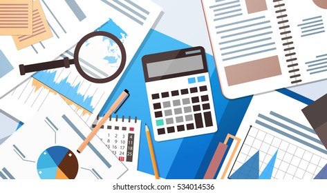 Workplace Desk Documents Papers Folder Office Stuff Top Angle View Flat Vector Illustration