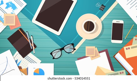 Workplace Desk Documents Papers Folder Office Stuff Top Angle View Flat Vector Illustration