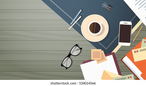 Workplace Desk Documents Papers Folder Office Stuff Top Angle View Flat Vector Illustration
