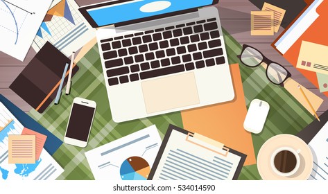 Workplace Desk Documents Papers Folder Office Stuff Top Angle View Flat Vector Illustration