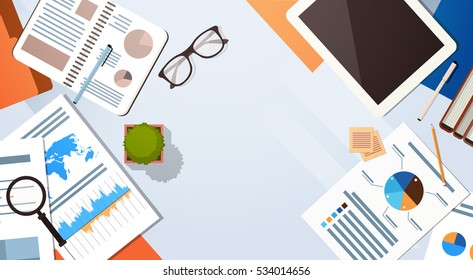 Workplace Desk Documents Papers Folder Office Stuff Top Angle View Flat Vector Illustration