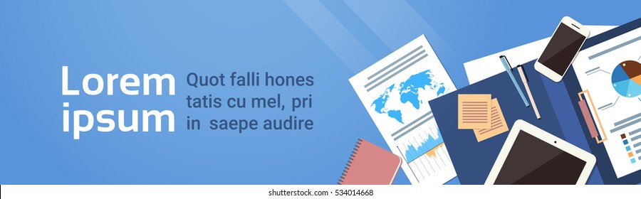 Workplace Desk Documents Papers Folder Office Stuff Top Angle View Flat Vector Illustration