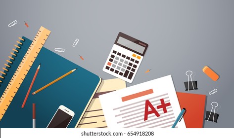 Workplace Desk Documents Papers Folder Office Stuff Top Angle View Copy Space Flat Vector Illustration