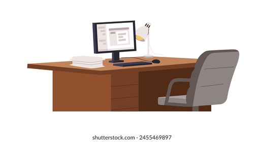 Lugar de trabajo con escritorio, silla de oficina vacía, computadora de escritorio, lámpara. Estación de trabajo, lugar de trabajo, mesa de negocios con monitor de PC y sillón. Ilustración vectorial plana aislada sobre fondo blanco