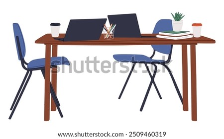 Workplace with desk, empty vacant office chair, desktop computer, books and cups off coffee. Workstation, work place, business table with PC monitor and armchair. Flat vector illustration isolated