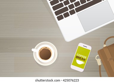 Workplace Desk Laptop Computer Cell Smart Phone Coffee Suitcase Top Angle View Copy Space Flat Vector Illustration