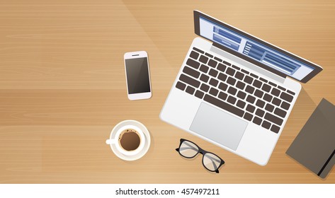 Workplace Desk Laptop Computer Cell Smart Phone Coffee Top Angle View Copy Space Flat Vector Illustration