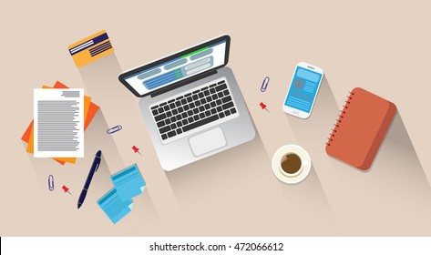 Workplace Desk Laptop Computer Cell Smart Phone Coffee Top Angle View Flat Vector Illustration