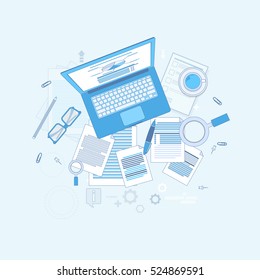 Workplace Desk Laptop Computer Notebook Coffee Top Angle View Vector Illustration