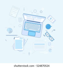 Workplace Desk Laptop Computer Notebook Coffee Top Angle View Vector Illustration