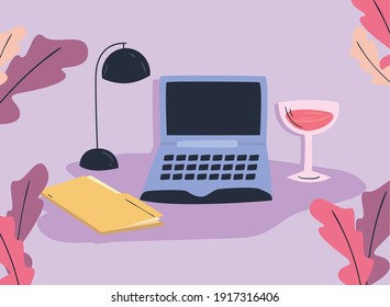 workplace desk with laptop lamp file and wine cup design, work office and telecommuting theme Vector illustration