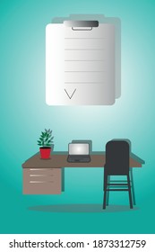 Lugar de trabajo con escritorio y portátil e icono de tarea 