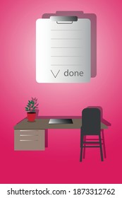 Lugar de trabajo con escritorio y portátil e icono de tarea 