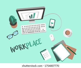 workplace desk mock up set template. Top view flat lay with realistic home office supplies: mobile phone, glasses, coffee cup, copybook, loading, charging. Green monochrome vector illustration