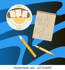 Workplace Desk notes in a notebook Top Angle View Flat Vector Illustration