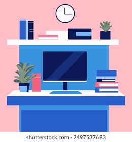 Workplace, desk, on the table computer and books, plants, termocups, vector