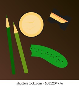 Workplace Desk pencils and a sharpener Top Angle View Flat Vector Illustration