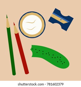 Workplace Desk pencils and a sharpener Top Angle View Flat Vector Illustration